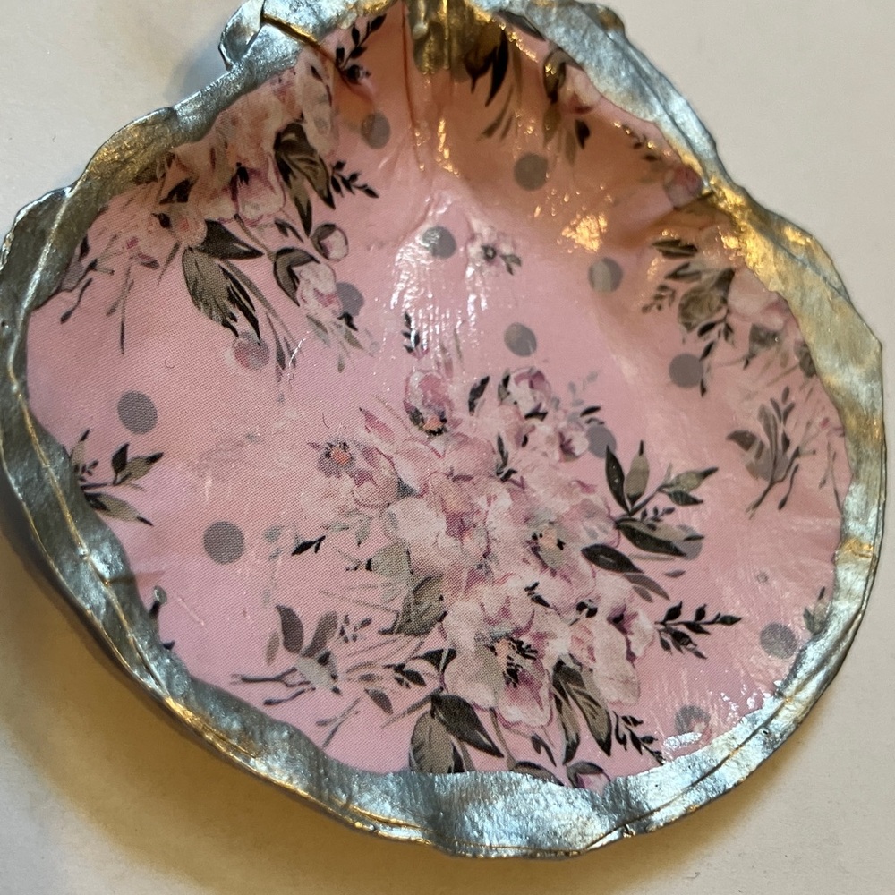 Handcrafted Shell Ornament Pink Floral Silver Metallic Decoupage - Picture 2 of 4